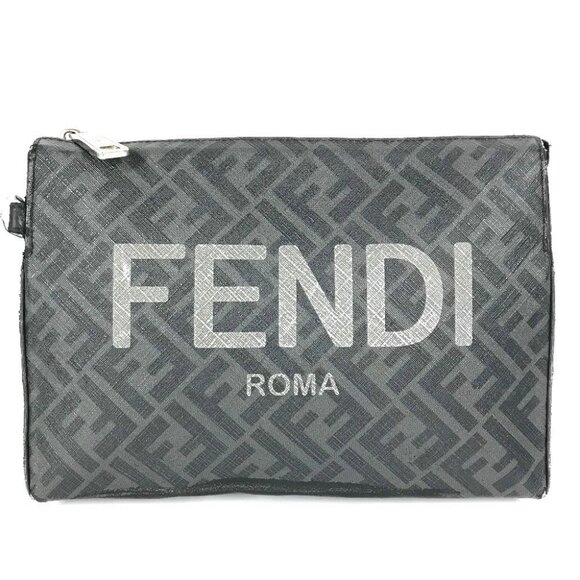 FENDI 7VA564 Logo Zucca pouch bag Clutch bag Leather/PVC Black/gray - Picture 1 of 16